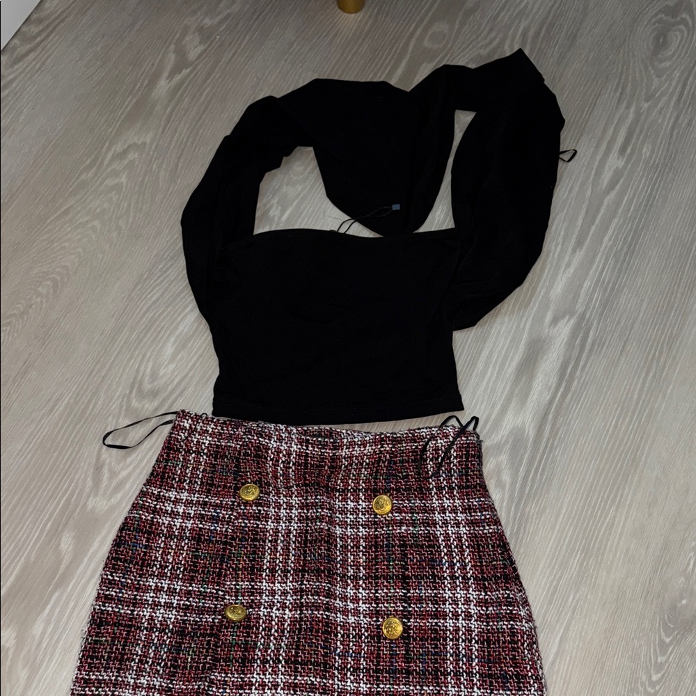 PrettyLittleThing Black Top and Red Plaid Skirt Set